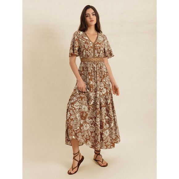 Cute Floral Ditsy Dress Nuetral Deep Tan Lace Waist Western Vibe Small - Picture 4 of 13